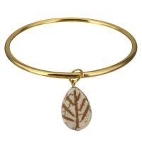 Stainless Steel Bangle, with Howlite, gold color plated, for woman 3mm, Inner Approx 65mm 