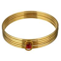 Stainless Steel Bangle, with Crystal, gold color plated, for woman & faceted, red 2mm, Inner Approx 66mm 