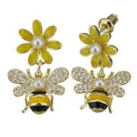 Cubic Zirconia Micro Pave Brass Earring, with Glass Pearl, Bee, real gold plated, micro pave cubic zirconia & for woman & enamel, 25mm 