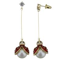 Cubic Zirconia Micro Pave Brass Earring, with Glass Pearl, Ladybug, real gold plated, micro pave cubic zirconia & for woman & enamel, 53mm 