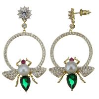 Cubic Zircon Brass Earring, with Glass Pearl, Insect, real gold plated, for woman & with cubic zirconia, 51mm 