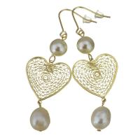 Brass Drop Earring, with rubber earnut & Glass Pearl, Heart, real gold plated, for woman, 65mm 