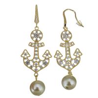 Cubic Zirconia Micro Pave Brass Earring, with rubber earnut & Glass Pearl, Anchor, real gold plated, micro pave cubic zirconia & for woman, 61mm 