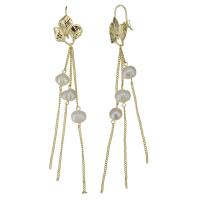 Brass Tassel Earring, with rubber earnut & Glass Pearl, real gold plated, for woman, 100mm 