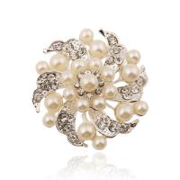 Zinc Alloy Brooch, with ABS Plastic Pearl, Flower, platinum color plated, for woman & with rhinestone, 50mm 