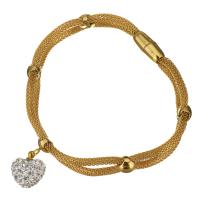 Stainless Steel Charm Bracelet, with Rhinestone Clay Pave Bead, gold color plated, mesh chain & for woman 3mm Approx 8 Inch 
