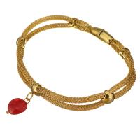 Stainless Steel Charm Bracelet, with Dyed Jade, gold color plated, mesh chain & for woman, red 3mm Approx 8 Inch 