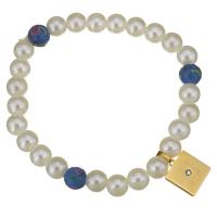 Bracelets de bijoux en perles de verre, acier inoxydable, avec chalumeau & perle de verre, Placage de couleur d'or, pour femme & avec strass, blanc 8mm Environ 8 pouce, Vendu par brin