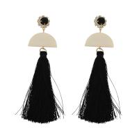 Cotton Thread Tassel Earring, with Zinc Alloy, gold color plated, for woman & with rhinestone 