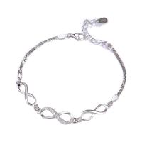 Sterling Silver Bracelets, Brass, with 3cm extender chain, silver color plated, box chain & for woman & with rhinestone, silver color Approx 6.30 Inch 