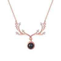 925 Sterling Silver Miniature Projection Necklace, Antlers, plated, oval chain & for woman & with rhinestone .5 