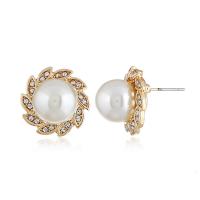 Zinc Alloy Rhinestone Stud Earring, with Plastic Pearl, Pinwheel, gold color plated, for woman & with rhinestone 