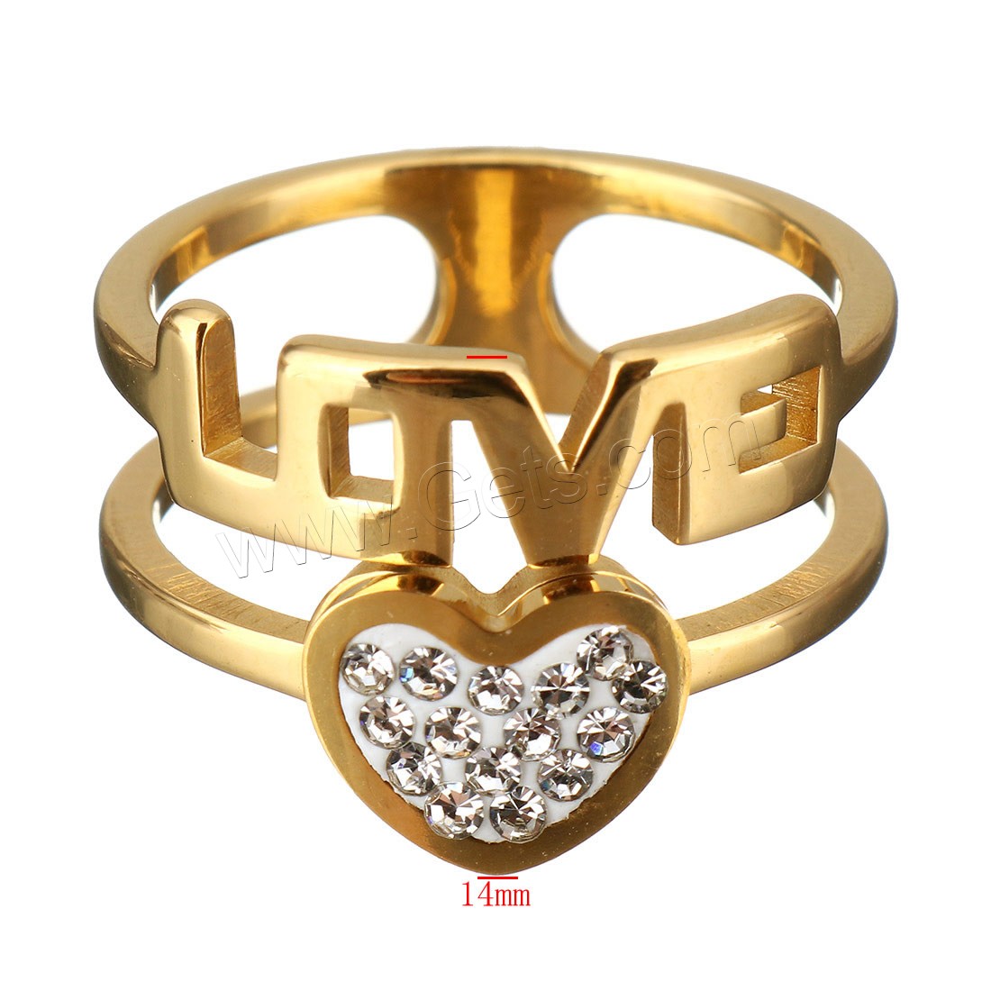 Rhinestone Stainless Steel Finger Ring, with Rhinestone Clay Pave, Heart, word love, plated, different size for choice & for woman, more colors for choice, 14mm, Sold By PC