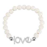 Lava Bead Bracelet, with Zinc Alloy, Alphabet Letter, word love, silver color plated, Unisex & with rhinestone  Approx 8 Inch 