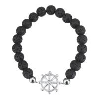Lava Bead Bracelet, with Zinc Alloy, Ship Wheel, silver color plated, Unisex & with rhinestone  Approx 7 Inch 