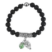 Bracelet de perles de lave, lave volcanique, avec Dyed Jade & alliage de zinc, hibou, Plaqué de couleur d'argent, bracelet à breloques & unisexe   Environ 7 pouce, Vendu par brin