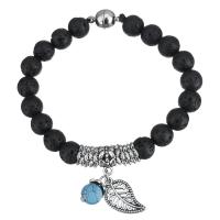 Bracelet de perles de lave, lave volcanique, avec turquoise synthétique & alliage de zinc, feuille, Plaqué de couleur d'argent, bracelet à breloques & unisexe   Environ 7 pouce, Vendu par brin