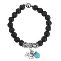 Bracelet de perles de lave, lave volcanique, avec Dyed Jade & alliage de zinc, éléphant, mot amour, Plaqué de couleur d'argent, bracelet à breloques & unisexe   Environ 7 pouce, Vendu par brin