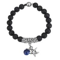 Bracelet de perles de lave, lave volcanique, avec Lapis lazuli & alliage de zinc, étoile de mer, Plaqué de couleur d'argent, bracelet à breloques & unisexe   Environ 7 pouce, Vendu par brin