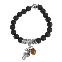 Lava Bead Bracelet, with Tiger Eye & Zinc Alloy, Seahorse, word love, antique silver color plated, charm bracelet & Unisex   Approx 7 Inch 