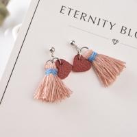 925 Sterling Silver Tassel Earring, with PU Leather & Polyester, for woman, silver color, 30mm 