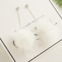 925 Sterling Silver Drop Earring, with Rabbit Fur, for woman & with cubic zirconia 80mm 