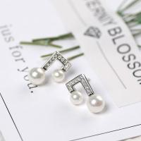 Sterling Silver Stud Earring, 925 Sterling Silver, with ABS Plastic Pearl, for woman & with rhinestone, silver color, 15mm 