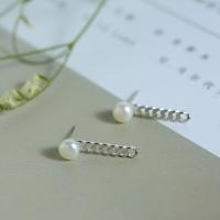 Sterling Silver Stud Earring, 925 Sterling Silver, with ABS Plastic Pearl, twist oval chain & for woman, silver color, 22mm 