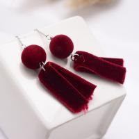 925 Sterling Silver Tassel Earring, with Velveteen, for woman, wine red color, 70mm 