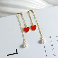 925 Sterling Silver Tassel Earring, with ABS Plastic Pearl, real gold plated, for woman & enamel, 58mm 
