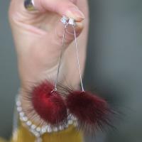 925 Sterling Silver Drop Earring, with Rabbit Fur, for woman & with rhinestone 80mm 