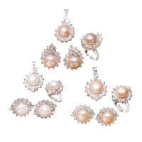 Brass Freshwater Pearl Jewelry Sets, Stud Earring & pendant & finger ring, with Freshwater Pearl, Flower, silver color plated, adjustable & micro pave cubic zirconia Approx US Ring .5-10.5 