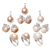 Brass Freshwater Pearl Jewelry Sets, Stud Earring & pendant & finger ring, with Brass, silver color plated, micro pave cubic zirconia Approx US Ring 