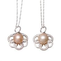 Sterling Silver Pearl Necklace, 925 Sterling Silver, with Freshwater Pearl, Flower, silver color plated, French Rope Chain & micro pave cubic zirconia & for woman Approx 15.7 Inch 