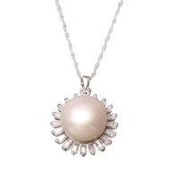Sterling Silver Pearl Necklace, 925 Sterling Silver, with Freshwater Pearl, Flower, silver color plated, French Rope Chain & micro pave cubic zirconia & for woman Approx 14.9 Inch 