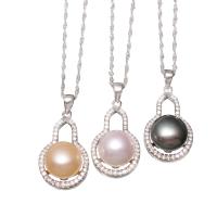 Freshwater Pearl Brass Necklace, with Freshwater Pearl, silver color plated, French Rope Chain & micro pave cubic zirconia & for woman Approx 15.7 Inch 