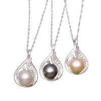 Freshwater Pearl Brass Necklace, with Freshwater Pearl, Teardrop, silver color plated, French Rope Chain & micro pave cubic zirconia & for woman Approx 15.7 Inch 
