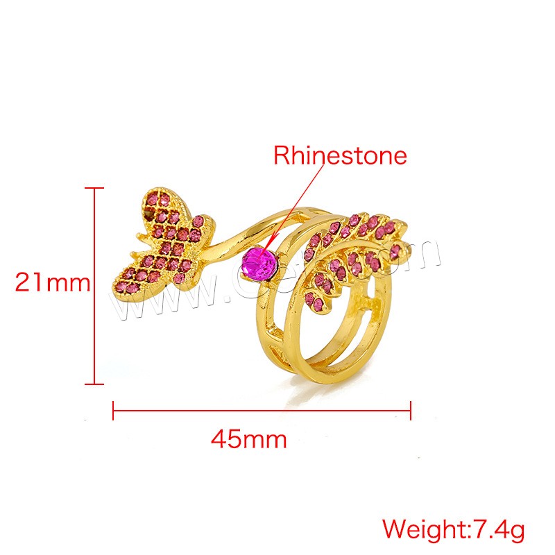 Rhinestone Zinc Alloy Finger Ring, Butterfly, plated, different size for choice & for woman & with rhinestone, more colors for choice, 45x21mm, Sold By PC