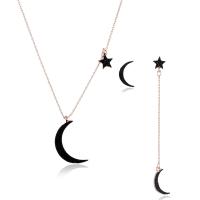 Rhinestone Zinc Alloy Jewelry Set, earring & necklace, with 2inch extender chain, Moon and Star, rose gold color plated, adjustable & oval chain & for woman & with rhinestone   Approx 17.5 Inch 
