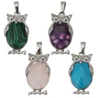 Gemstone Brass Pendants, with Gemstone, Owl, silver color plated Approx 