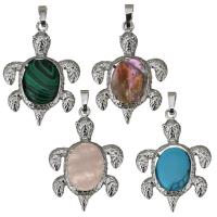 Gemstone Brass Pendants, with Gemstone, Turtle, silver color plated Approx 