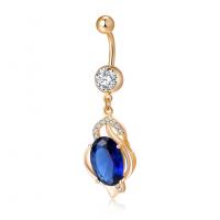 Stainless Steel Belly Ring, gold color plated, for woman & with cubic zirconia 