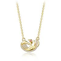 Rhinestone Brass Necklace, with 2inch extender chain, Swan, real gold plated, adjustable & oval chain & for woman & with rhinestone Approx 17.5 Inch 