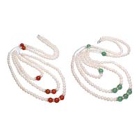Freshwater Pearl Sweater Necklace, with Green Aventurine & Red Agate & Brass, silver color plated & micro pave cubic zirconia & for woman & Approx 23.6 Inch 