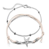 Zinc Alloy Anklet, with Waxed Cotton Cord, with 1.5inch extender chain, Starfish, silver color plated, Double Layer & adjustable & twist oval chain & for woman, 45mm Approx 7-7.8 Inch 