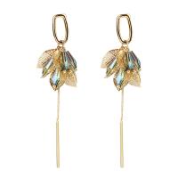 Zinc Alloy Drop Earring, with Crystal, Leaf, gold color plated, Korean style & for woman & hollow 