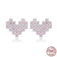 Sterling Silver Stud Earring, 925 Sterling Silver, Heart, platinum plated, micro pave cubic zirconia & for woman, pink 