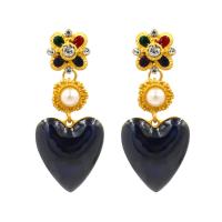 Plastic Pearl Zinc Alloy Earring, with Resin & Plastic Pearl, Heart, gold color plated, for woman & enamel & with rhinestone 