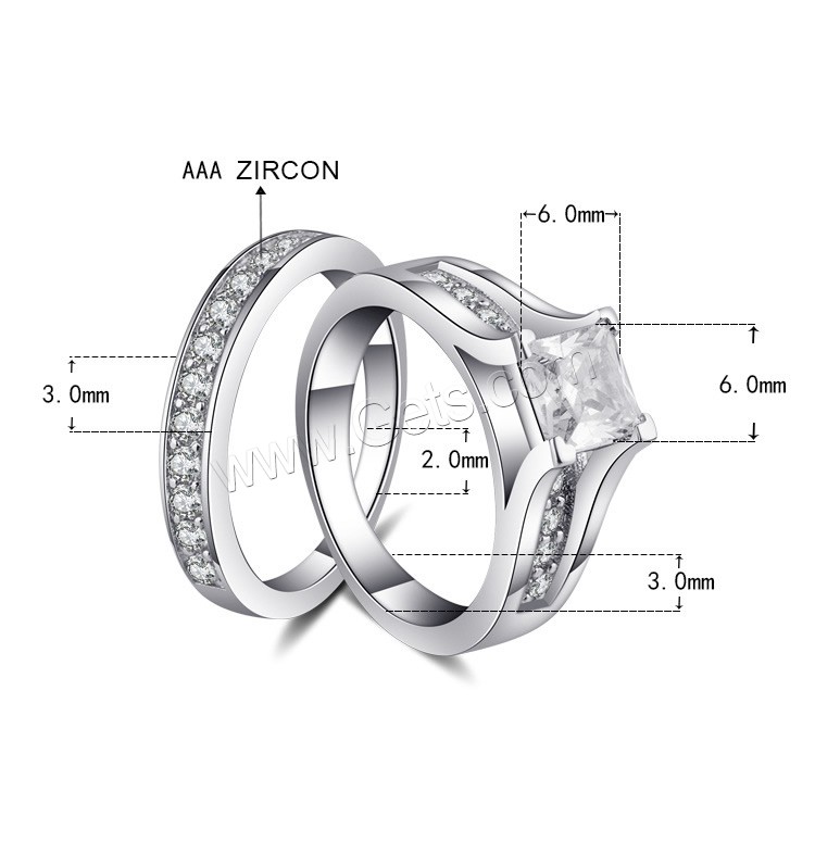 Brass Ring Set, metal, anillo de dedo, chapado en platina real, diverso tamaño para la opción & micro arcilla de zirconia cúbica & para mujer, 6x6mm, 2PCs/Set, Vendido por Set