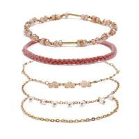 Zinc Alloy Bracelet Set, with Cotton Thread & Crystal & Plastic Pearl, with 2inch extender chain, gold color plated, oval chain & for woman, lead & cadmium free Approx 6.3 Inch, Approx 6.8 Inch, Approx 7 Inch 